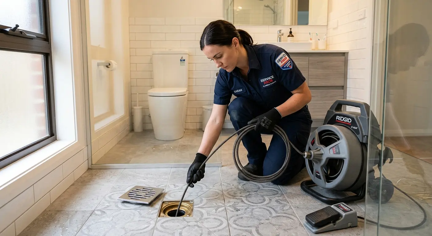 Technician clearing a bathroom floor drain for Drain Repair in Hillsborough